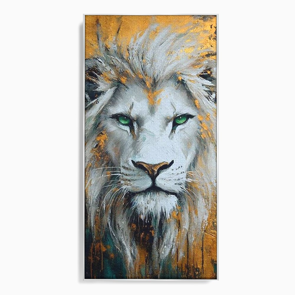 Tablou canvas cu tablou canvas cu leu alb si ochi verzi, in rama de aluminiu argintiu